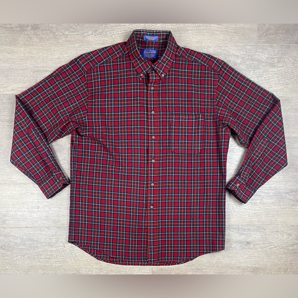 SIR PENDLETON Worsted Wool Shirt Red Green Royal Stewart Tartan Plaid EUC LARGE